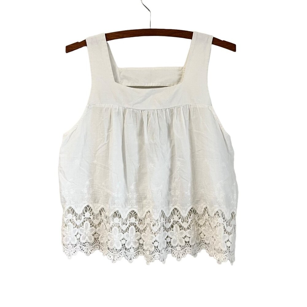 Cope Womens White Floral Embroidered Crochet Hem Sleeveless Blouse Size Medium